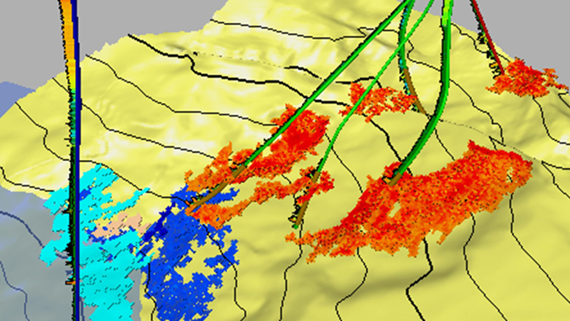 Image Bilde – I seismiske 4D-kart, for eksempel dette fra et oljefelt i Vest-Afrika, representerer hvert område av kartet et område med endring i reservoaret i løpet av en periode. Her representerer blått vannbevegelse og rødt indikerer en økning i gass. Å vite hvordan væskeinnholdet i et reservoar endres i løpet av produksjon, er kritisk for å utvinne ressursene på en effektiv måte. I dette tilfellet injiseres vann inn i reservoaret for å bidra til å opprettholde trykk. Dette resulterer i større oljegjenvinning og reduserer behovet for ytterligere boring.